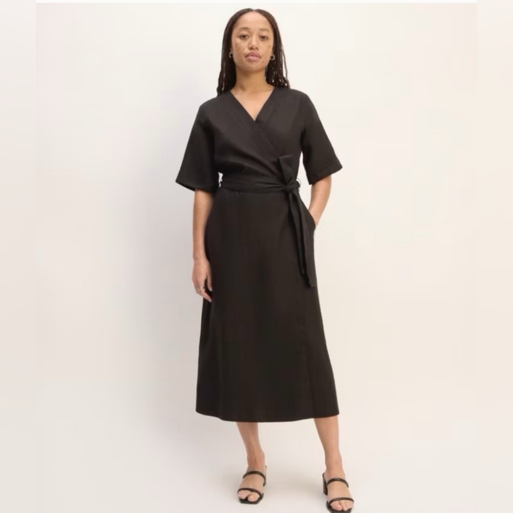 NWT Everlane Linen Black Wrap Dress Midi Size M Classic